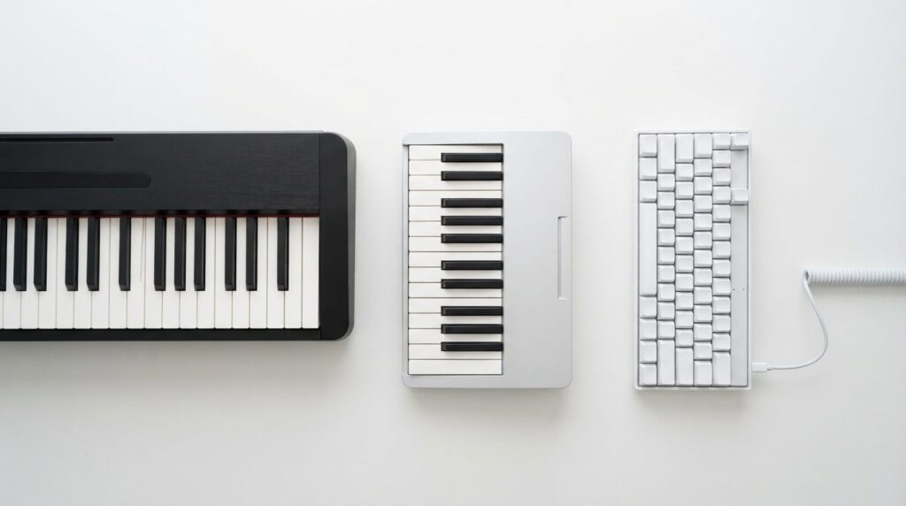 Close-up flat lay of three different keyboard types displaye