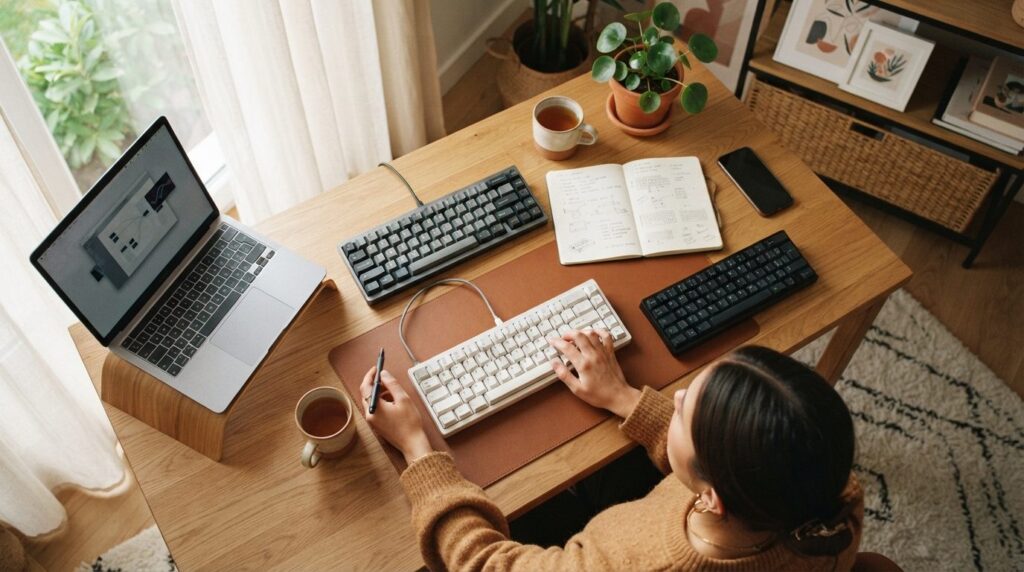 Overhead lifestyle shot of a young adult comparing keyboard 