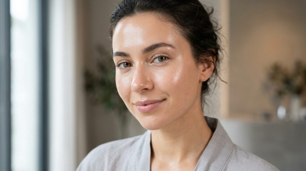 Close-up beauty shot of womans luminous glass skin after aq