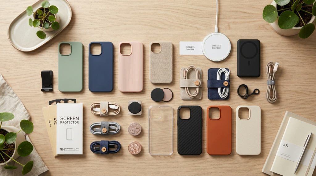 Flat lay overhead view of budget-friendly mobile accessories