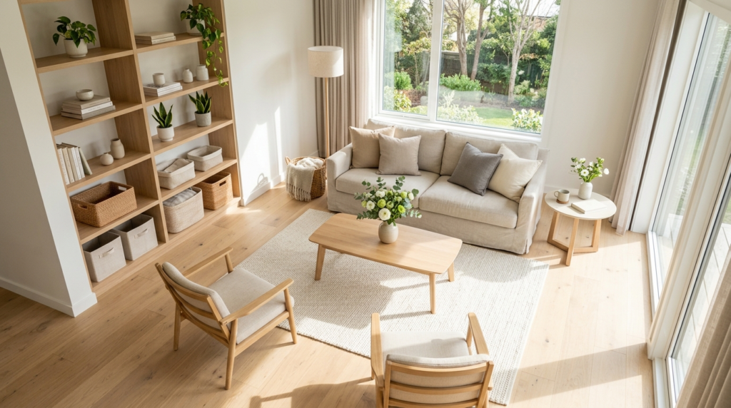 Aerial view of a scandinavian-designed living room with ligh
