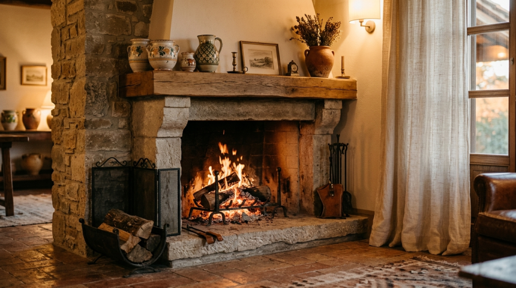 Close-up detail of luxury villa interior: natural stone fire