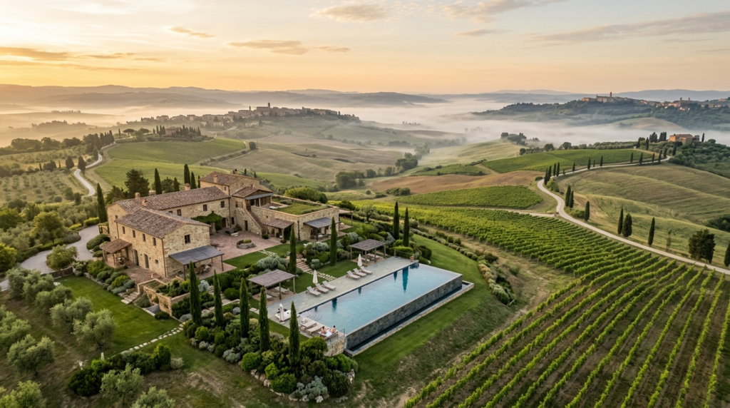 Aerial drone view of private Tuscan villa with infinity pool