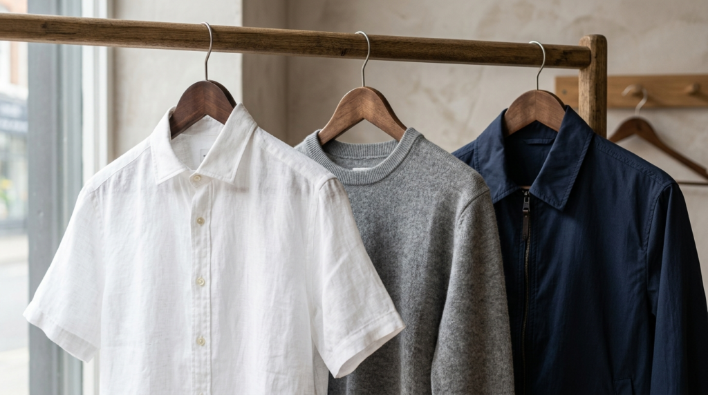 Close-up product shot of premium mens casual basics hanging