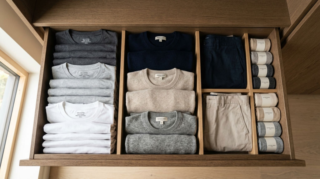 Overhead lifestyle shot of a well-organized mens closet or