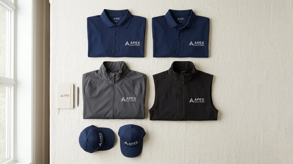 Overhead flat lay composition of branded corporate workwear
