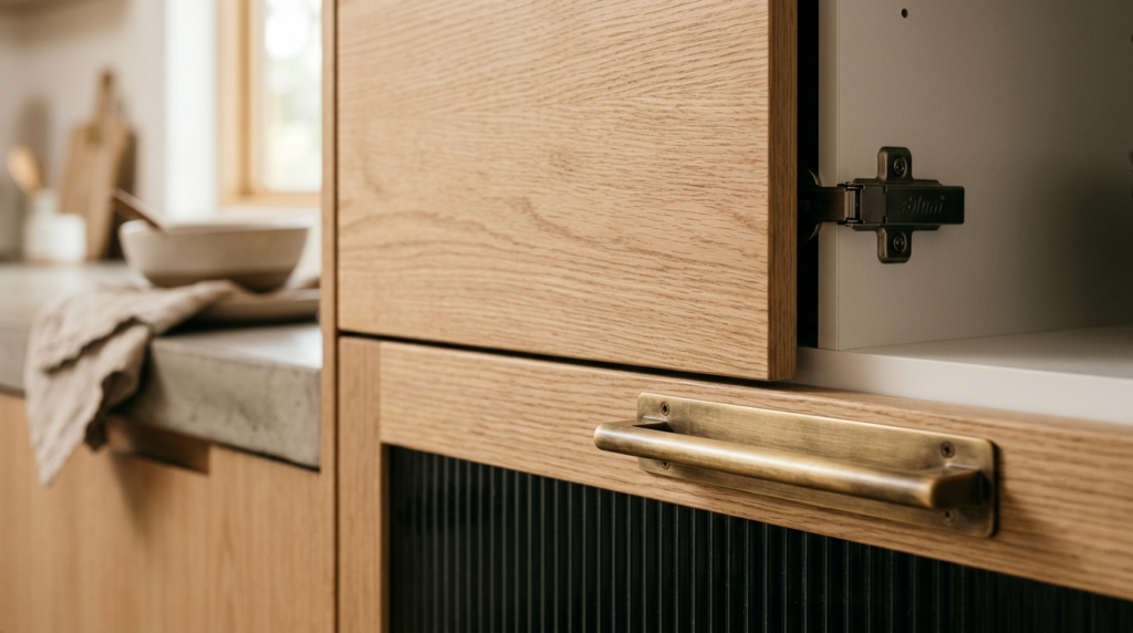 Close-up detail shot of designer kitchen cabinet fronts and