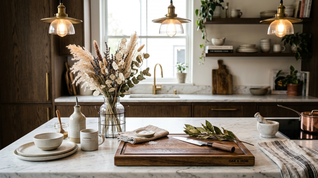 Contemporary kitchen workspace styling 2026, artisanal woode
