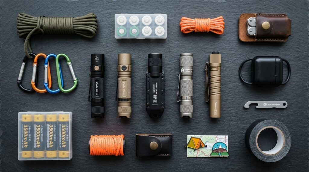 Flat lay composition of premium LED pocket flashlights arran