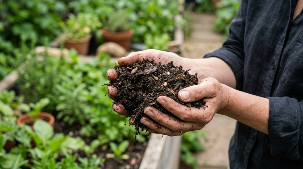 Close-up detail of hands holding premium dark garden soil wi