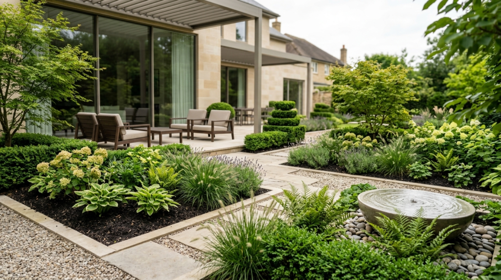 Serene luxury garden scene with thriving plants in meticulou