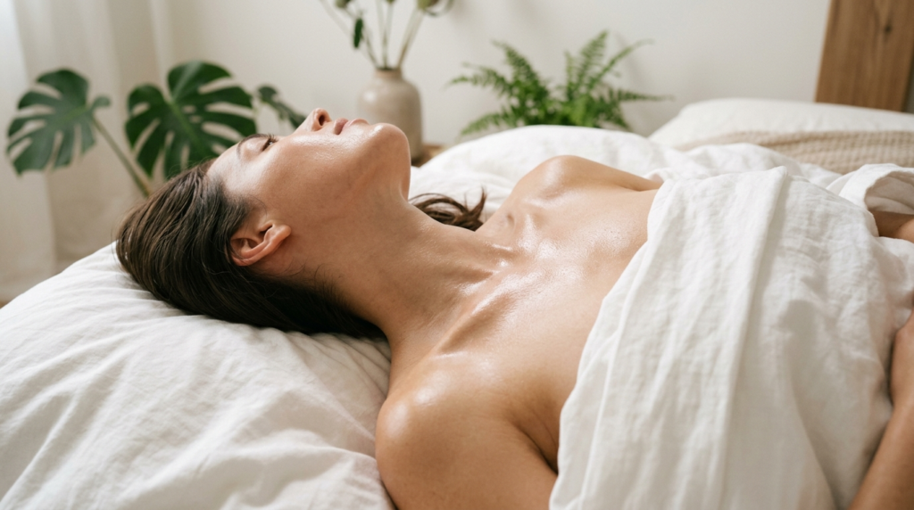 Close-up overhead shot of a womans glowing, hydrated skin a