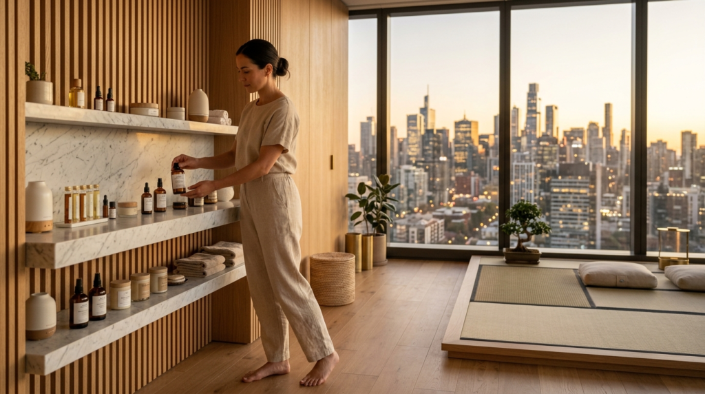 Modern urban wellness studio interior with floor-to-ceiling