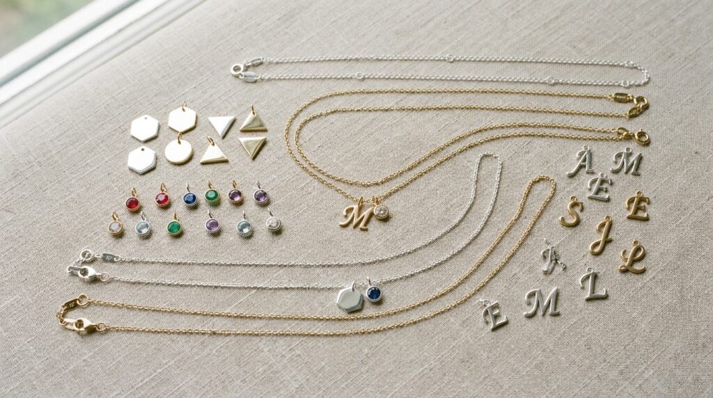 Flat lay overhead shot of an organized jewelry collection fe