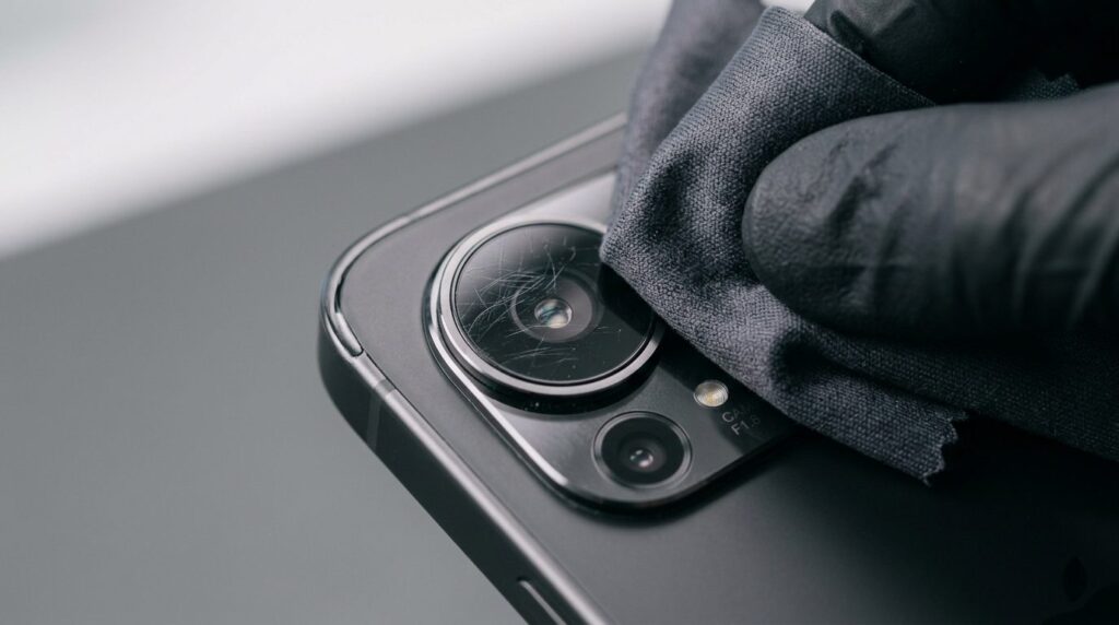 Close-up detail shot of a smartphone camera lens with visibl
