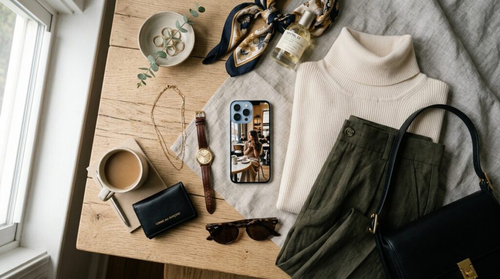 Fashion lifestyle flat lay composition featuring iPhone with