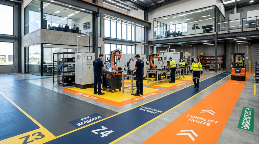 Modern industrial workspace with strategically marked safety