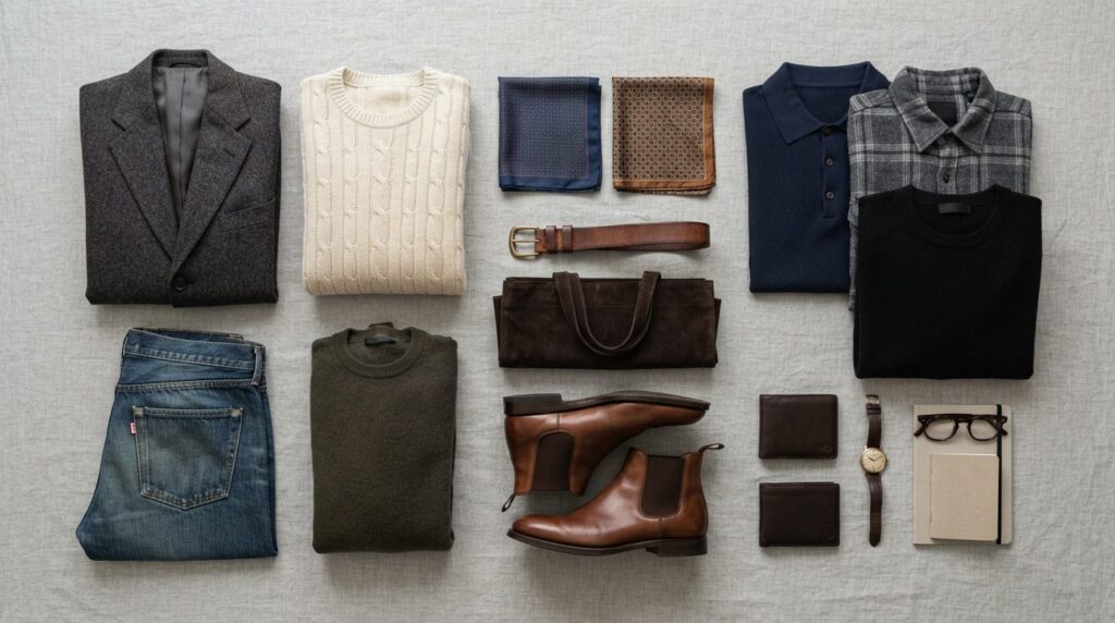 Overhead flat lay of a curated mens secondhand outfit colle