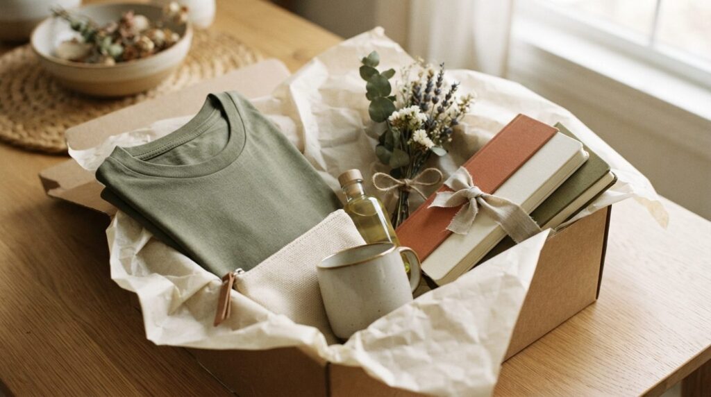 Close-up product photography of carefully curated PR unboxin