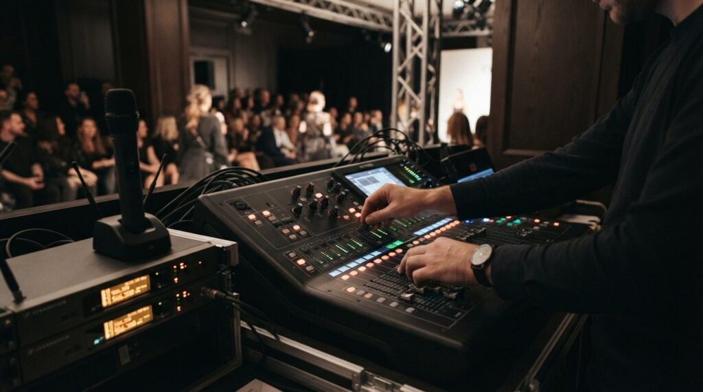 Close-up of professional wireless microphone and audio mixer