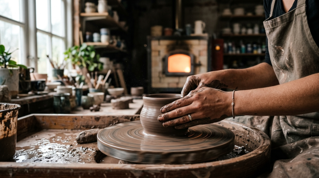 Close-up lifestyle shot of hands shaping clay on a pottery w