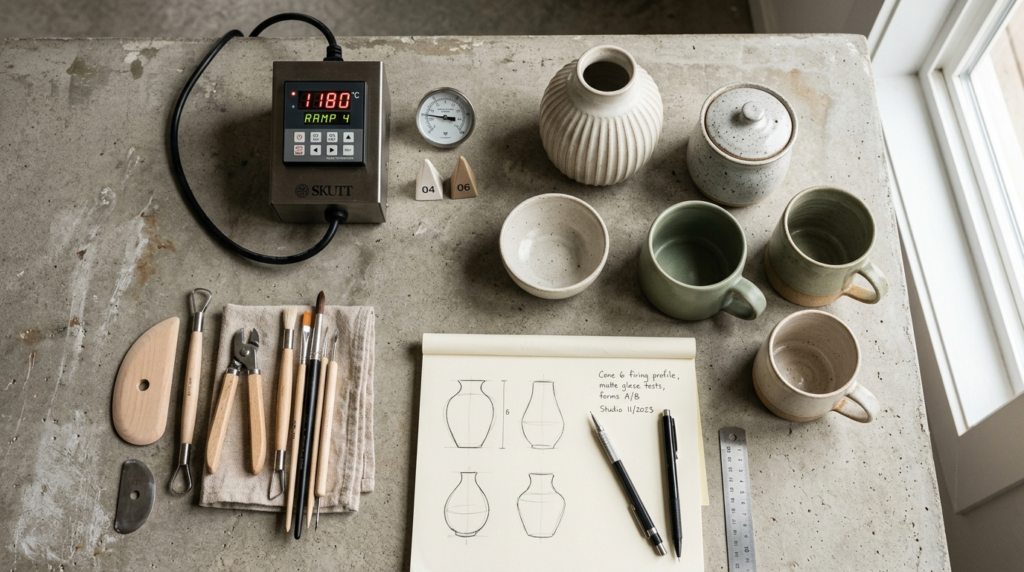 Styled flat lay of ceramic tools, finished pottery pieces, a