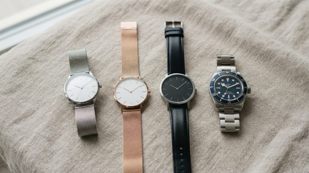 Flat lay overhead shot of four different professional watche