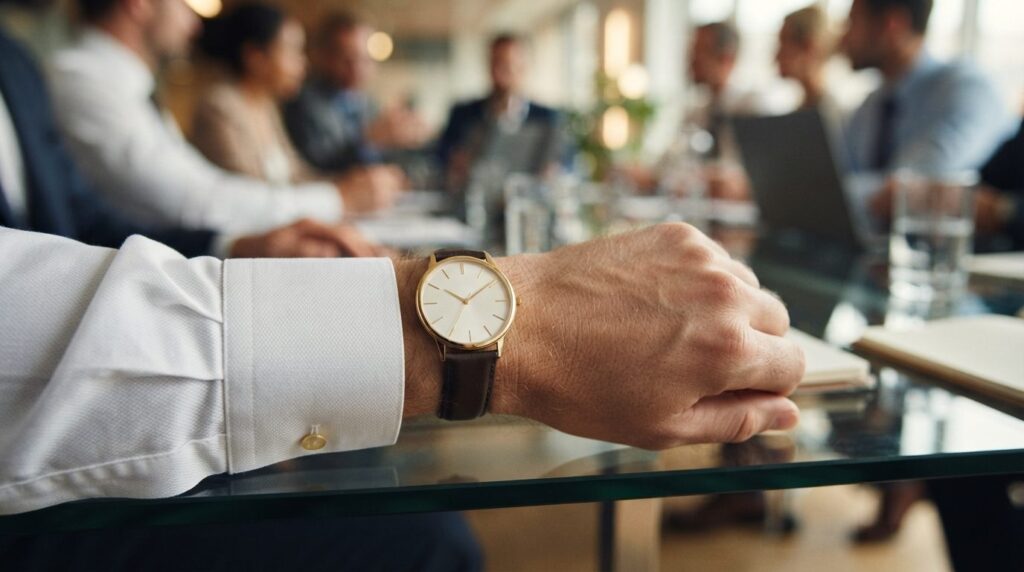 Close-up detail shot of mans wrist wearing a slim gold-tone