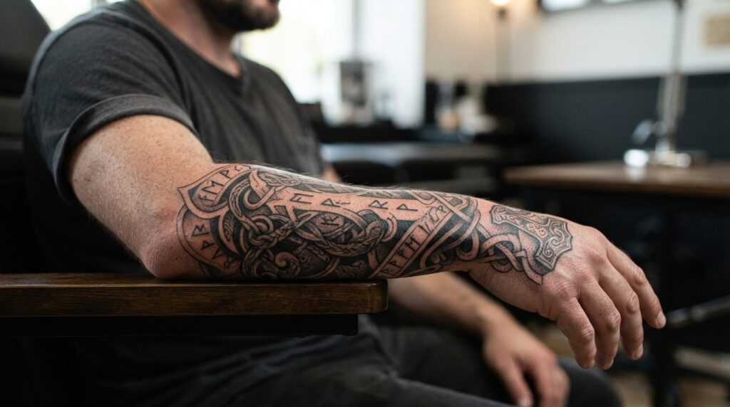 Close-up detailed shot of a Viking tattoo sleeve on a mans 