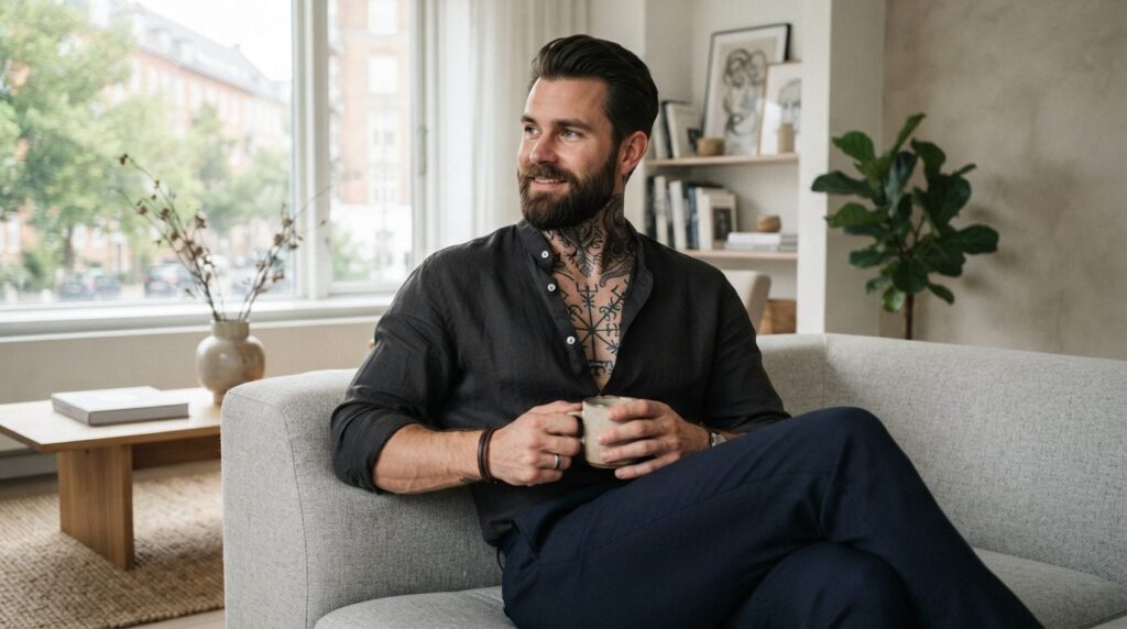 Lifestyle fashion photograph of a bearded Scandinavian man i