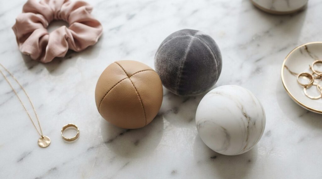 Close-up flatlay of three stylish stress balls in different 