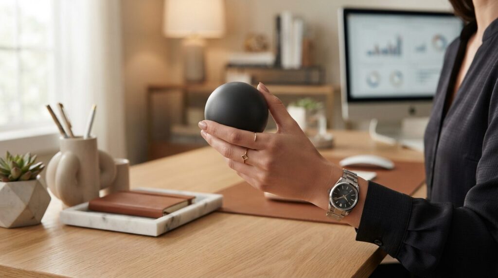 Womans hand holding an elegant designer stress ball in an u