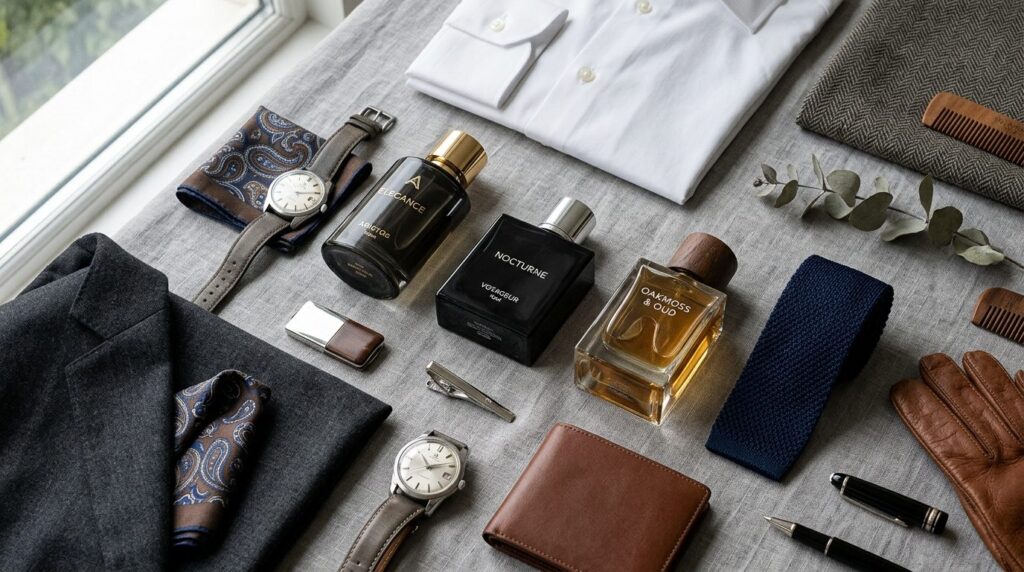 Flat lay composition of luxury mens fragrance bottles arran