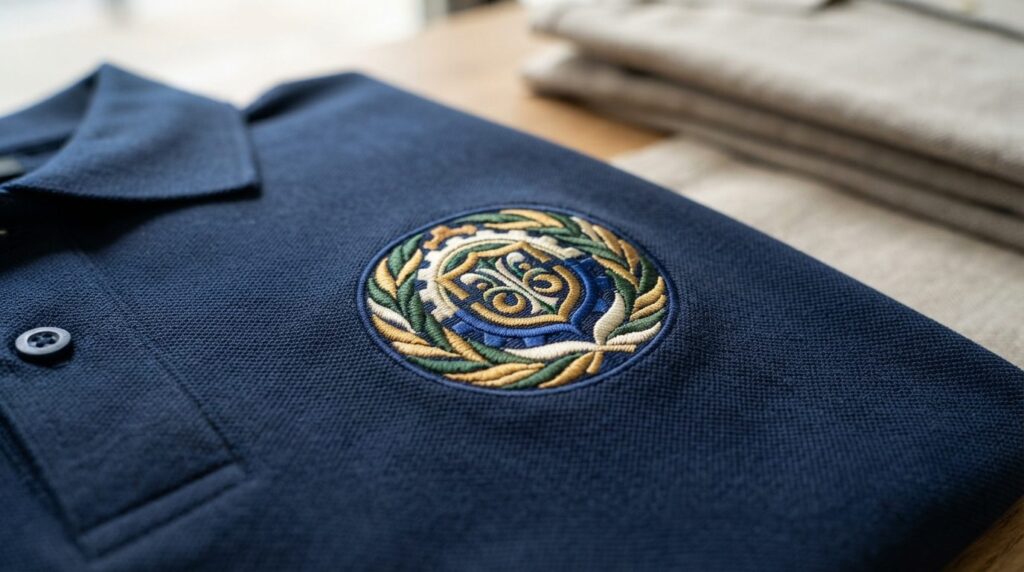 Close-up detail shot of premium custom embroidered logo on h