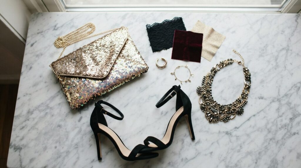 Close-up flat lay composition of curated student party outfi