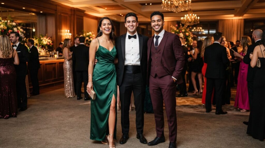 Group of three young adults in diverse formal party attire -