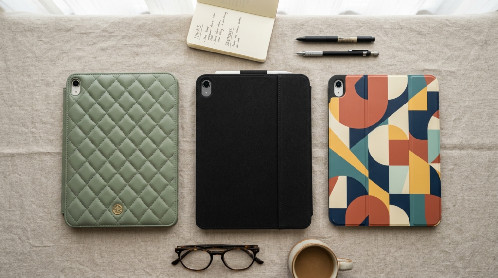 Flat lay fashion photography of diverse tablet cover styles