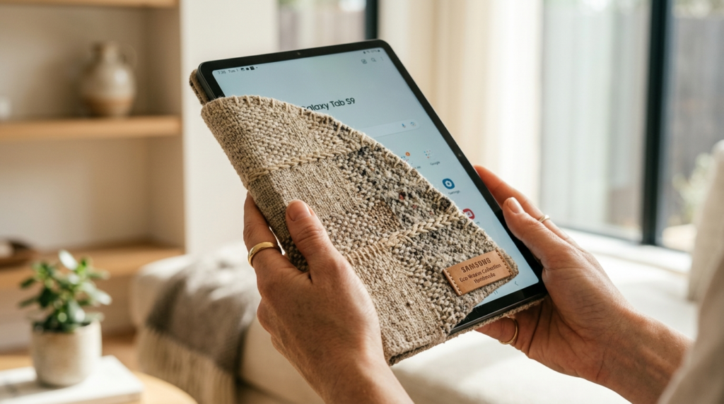 Close-up detail shot of hands holding a Samsung Galaxy Tab w